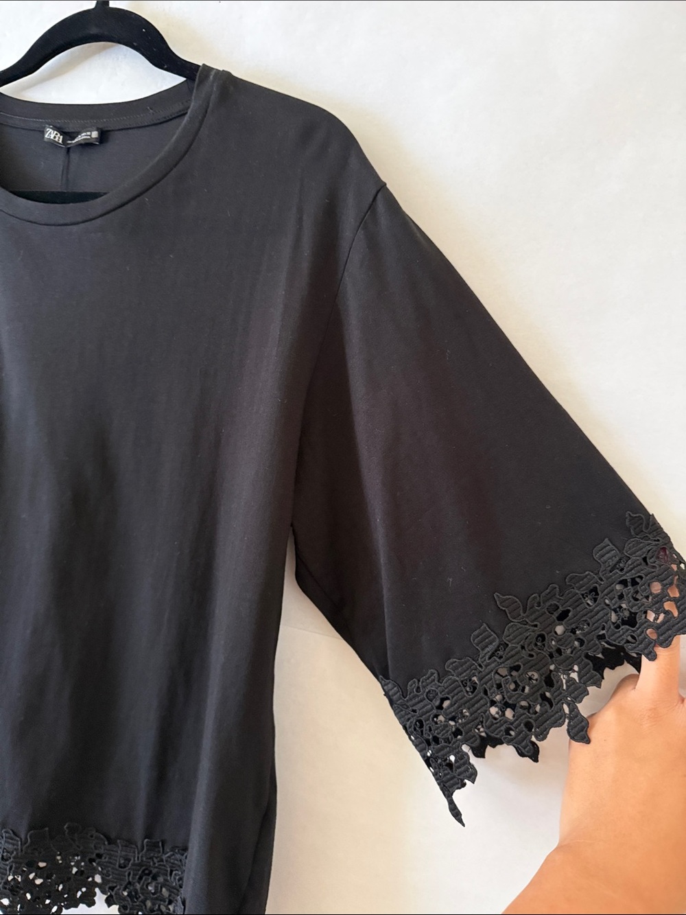 Zara Black Lace Trim Blouse Sz XL Cotton Short Sleeve Boxy Witchy NWT Minimalist - Picture 8 of 16
